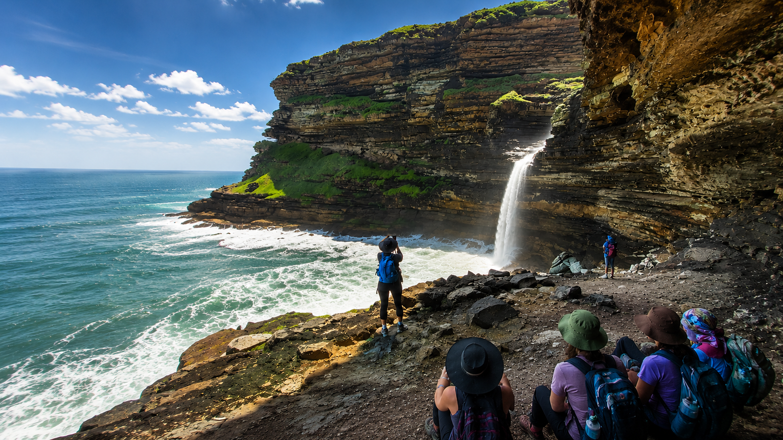 Wild Coast waterfall cascading into the Indian Ocean as hikers explore South Africa's dramatic coastal cliffs on a WildForge Adventures journey.